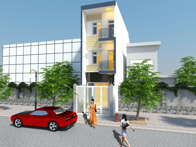 Mẫu nhà ống 60m2 hiện đại sử dụng gam màu sáng làm điểm nhấn kết hợp đường viền xám xanh mát mẻ. Ảnh: Nhadepso.