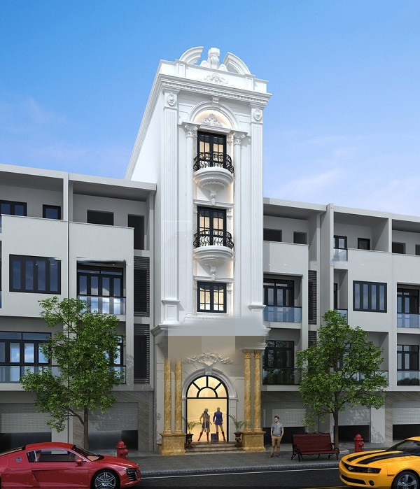 Những biến tấu hiện đại trên cột giúp mặt tiền của ngôi nhà ống thêm trẻ trung năng động, phù hợp với cảnh quan đô thị ngày nay. Ảnh: Xaynhasaigon.