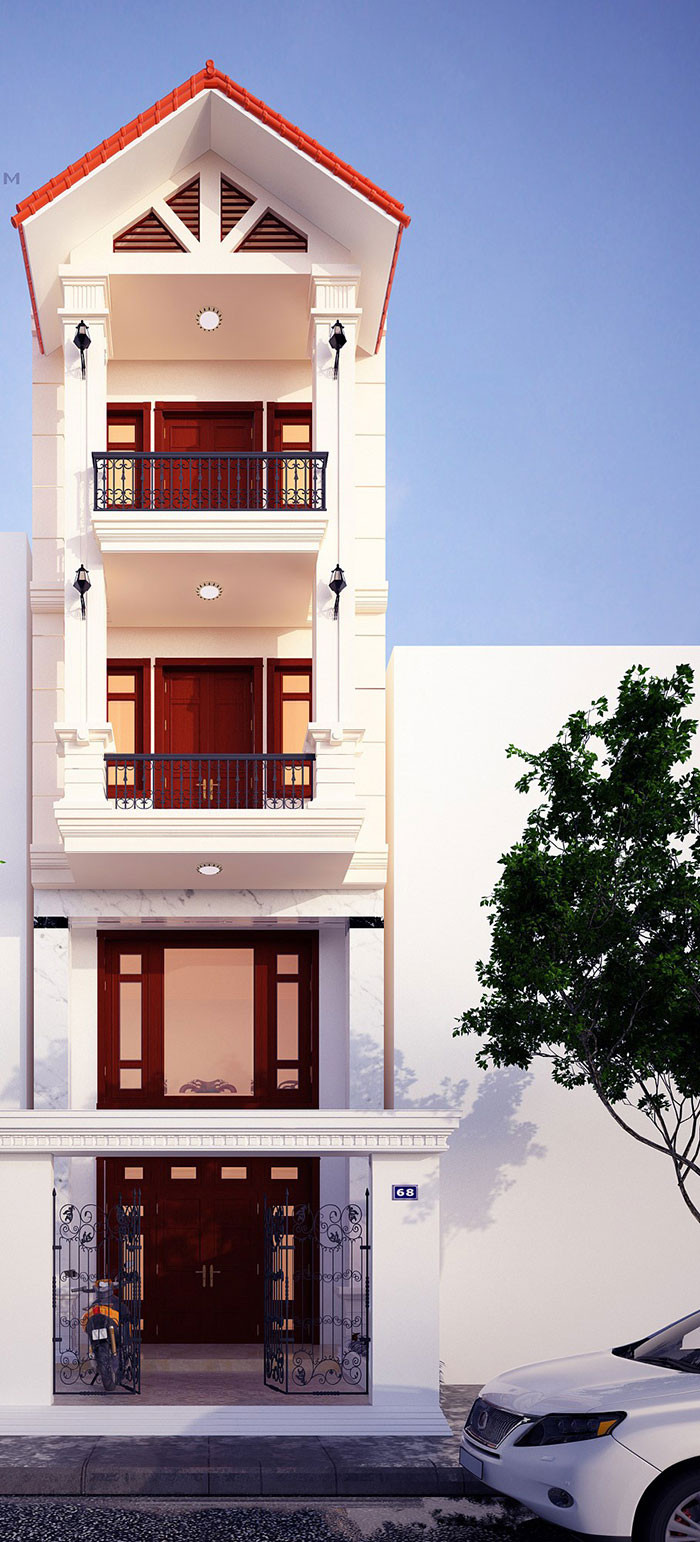 Mẫu nhà phố bán cổ điển 4 tầng thiết kế sang trọng với mái thái đỏ bắt mắt và hệ trụ cột vuông chắc chắn. Ảnh: Kientrucroman.