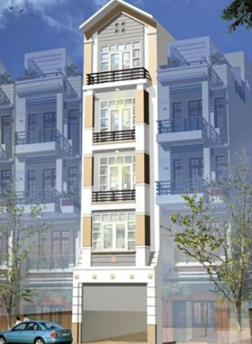 Nhà ống 5 tầng mái thái trang nhã với tông màu nhẹ nhàng. Ảnh: Noithatdongtay.