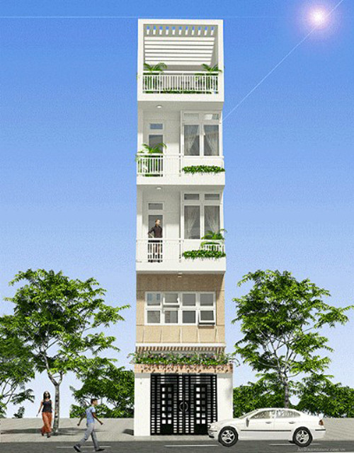 Nhà 5 tầng nổi bật với ban công mỗi tầng đều có cây xanh. Ảnh: Thietkexaynhadep.