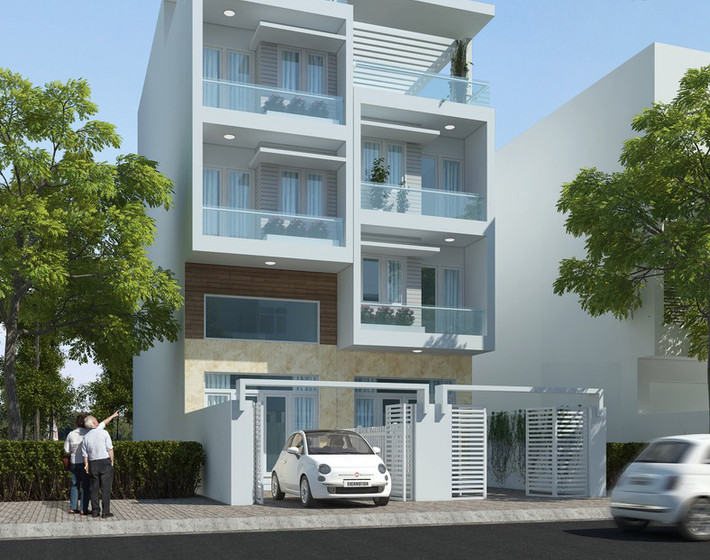 Mảng tường trắng tinh khiết kết hợp lan can kính ngoài mặt tiền giúp không gian thêm rộng thoáng. Ảnh: Kientaokhonggian.