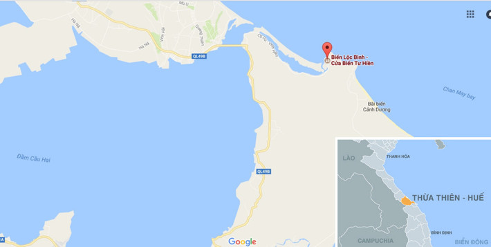 Vị trí bãi biển Lộc Bình, phía sau là đầm Cầu Hai, bên cạnh bãi biển Cảnh Dương.