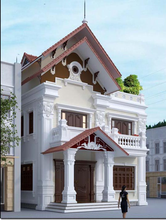 Kiến trúc ngôi biệt thự 2 tầng phong cách cổ điển mái dốc sang trọng với hệ thống phào chỉ được đắp vẽ tinh tế. Ảnh: Shac.