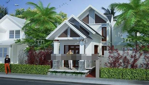 Nhà phố 2 tầng có gác lửng đẹp kiểu nhà cấp 4. Mái lợp ngói giật 3 cấp kiểu mái dốc chữ A mới mẻ. Ảnh: Thietkenhadepmoi.