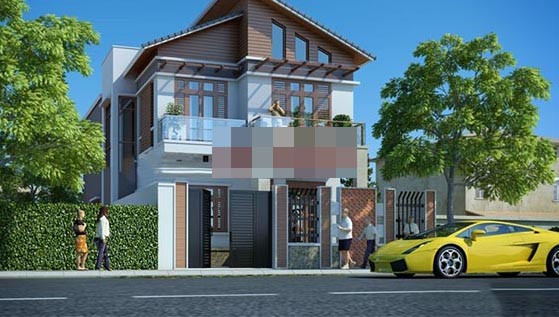 Thiết kế nhà 2 tầng mái dốc theo phong cách hiện đại, sử dụng vật liệu kính ốp tường là điểm nhấn. Ảnh: Angcovat.