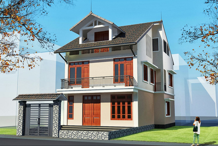 Ngôi nhà mái dốc sang trọng với phần đá ốp ngoài cổng và hệ thống cửa gỗ chắc chắn. Ảnh: Phuongvinhjsc.