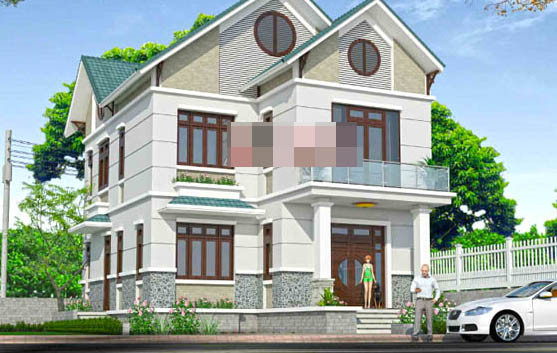 Biệt thự mini 2 tầng nhỏ xinh sở hữu khối kiến trúc khỏe khoắn cùng hệ mái thái cao màu nâu sẫm truyền thống. Ảnh: Angcovat.