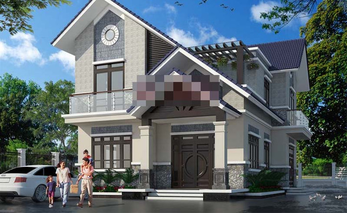Từ phần chân đến phần mái mẫu biệt thự 2 tầng được thiết kế với hình khối chắc chắn. Các khối đua ra lui vào nhường chỗ cho phần sảnh và ban công. Ảnh: Angcovat.