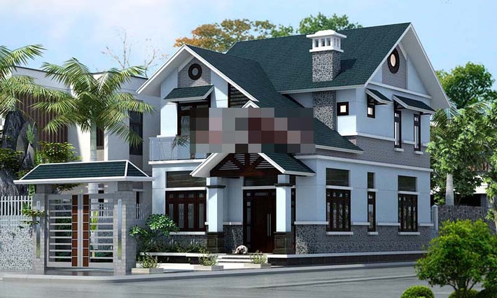 Hệ mái thái xanh hải quân cho căn biệt thự thêm phần độc đáo giữa phố. Ảnh: Angcovat.