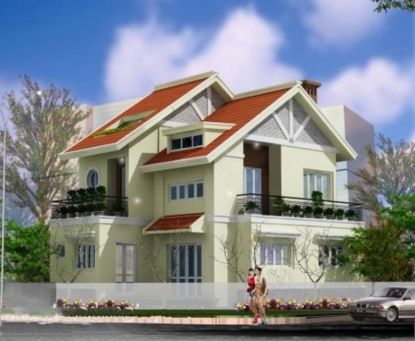 Ngôi biệt thự đẹp lung linh tường màu sáng và mái ngói đỏ tươi. Ảnh: Khonggiannhadep24h.