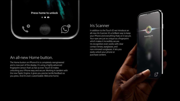 Bề mặt iPhone 8 trang bị màn hình OLED cong tràn 2.5D. Công nghệ AMOLED cho phép biểu thị hình ảnh sắc nét và chân thực đồng thời tiết kiệm năng lượng tiêu thụ của smartphone bằng cách sử dụng toàn tông màu đen cho hình nền.