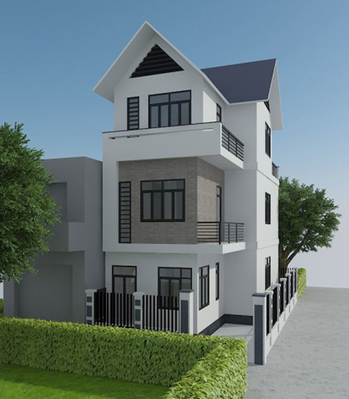 Nhà 3 tầng mái thái trang nhã với màu ghi trắng kết hợp đá trang trí ở tầng 2. Một bên sân được thiết kế rộng rãi có thể để xe cho các thành viên trong gia đình và khách đến chơi. Ảnh: Thietkethicongnhadep.