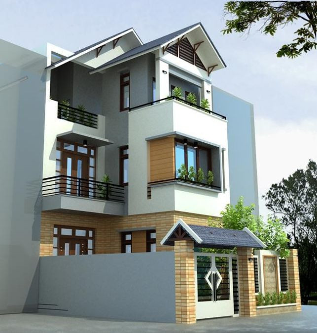 Nhà 3 tầng đẹp tinh tế với phần mái ngói kép màu trầm. Ảnh: Khonggiannhadep24h.