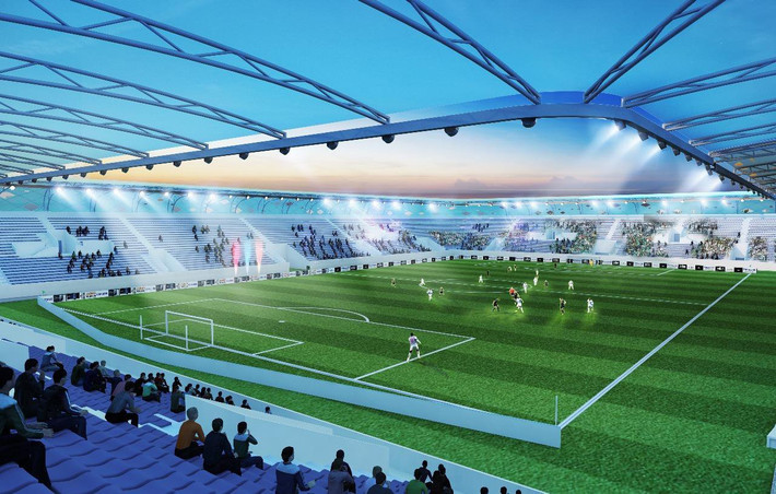 Các khán đài có mái che. Bên ngoài là những tấm ốp được từ kim cương mờ. Ảnh: StadiumDB.