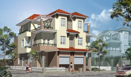 Biệt thự song lập 3 tầng được chia làm 2 phần, một bên là cửa chính đi vào nhà và một bên là gara xe, từ gara có cửa hậu vào phòng khách. Ảnh: Thietkethicongnhadep.