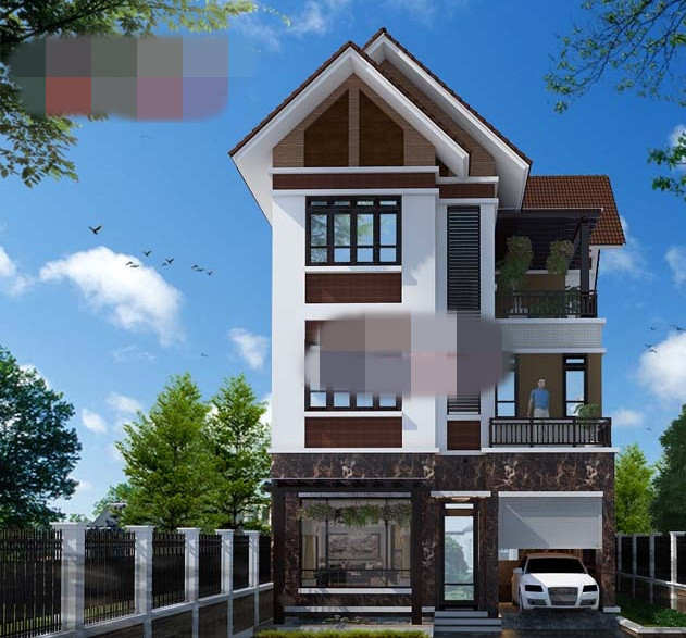 Nhà 3 tầng mái chữ A cuốn hút với gam màu nâu đất ấm áp. Ảnh: Angcovat.