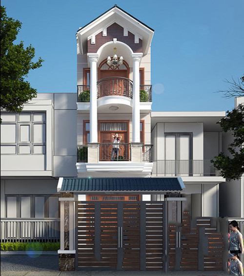 Nhà phố 3 tầng tráng lệ với nét cổ điển nằm ở các phào chỉ, công sơn, mũi tiện. Ảnh: Thietkenhadep247.