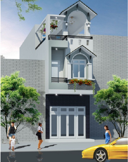 Màu xám nhạt và trắng kem chủ đạo phối cùng đường chỉ mờ đơn giản tạo nên điểm nhấn cho mặt tiền. Ảnh: Phankienphat.