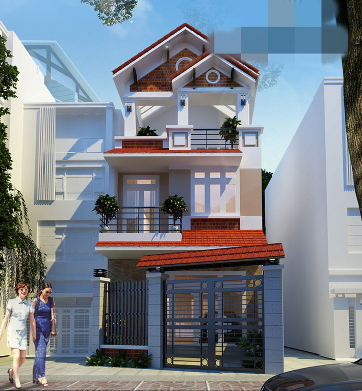 Mẫu nhà phố 3 tầng 5x23m có lan can đi ra ngắm cảnh và một mái nhỏ đổ xuống tạo nên sự mềm mại, duyên dáng. Ảnh: Phankienphat.