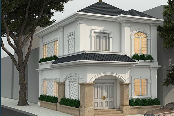 Nhà 2 tầng được nhấn nhá với những chi tiết hoa văn độc đáo, kết hợp cùng đường vòm cong, mái hiên che cao thấp ở mỗi tầng. Ảnh: Noithatmanhhe.