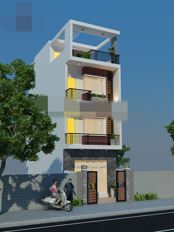 Tận dụng lợi thế chiều dài lô đất, công trình chừa 1 sân trước 3m để trồng cây xanh. Ảnh: Kienanvinh.