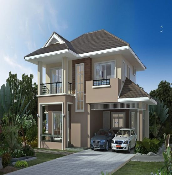 Mẫu nhà 2 tầng mái thái hiện đại với dáng dấp cổ điển có sân để xe ô tô rộng rãi. Ảnh: Nhabinhduong.