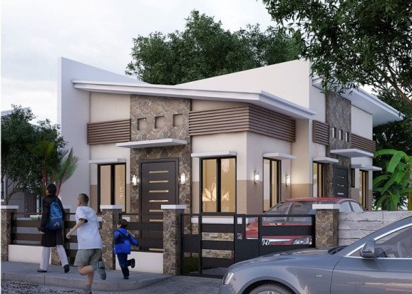 Ngoài đá ốp chân tường, trang trí mặt tiền, nhựa giả gỗ được ốp lát trang trí phía trên cửa tạo điểm nhấn. Ảnh: Thietkethicongnhadep.