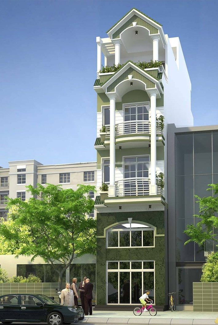 Màu xanh rêu tạo điểm nhấn nổi bật cho ngôi nhà phố 4 tầng. Ảnh: Kientrucadong.