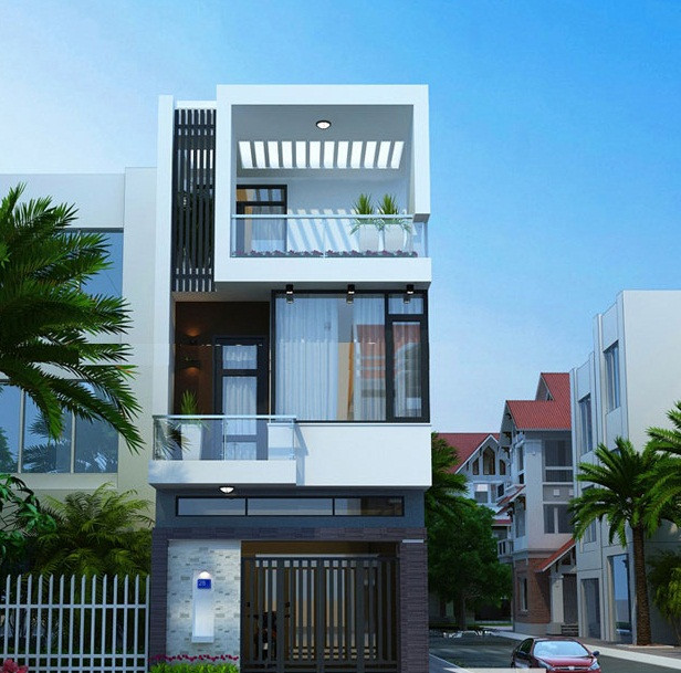 Kiến trúc mặt tiền thể hiện sự mạch lạc, trẻ trung của ngôi nhà ống. Ảnh: Ytuongnhadep.