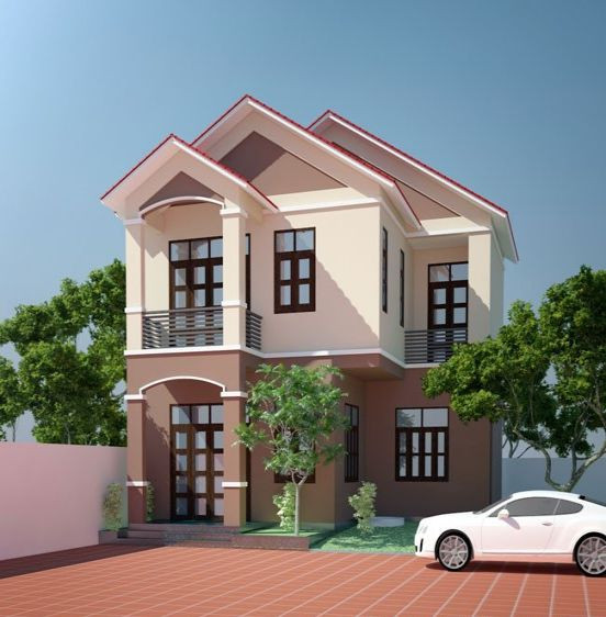 Nhà 2 tầng sử dụng cửa kính khung gỗ hiện đại, sân gạch rộng rãi phù hợp với các gia đình ở nông thôn. Ảnh: Nhabinhduong.