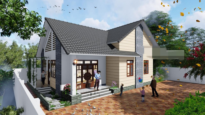 Nhà vườn 1 tầng kiến trúc đơn giản vừa lạ vừa quen với mái hiên rộng. Ảnh: Blogxaydung.