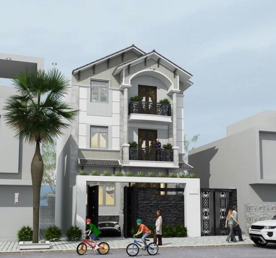 Nhà 3 tầng mái thái có tầng hầm để xe là lựa chọn phù hợp cho gia đình muốn không gian sinh hoạt rộng rãi. Ảnh: Bannhabinhduong.