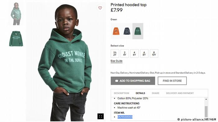 Theo CNN, người tiêu dùng Nam Phi nổi giận khi H&M tung ảnh quảng cáo có cậu bé da màu mặc áo nỉ chui đầu có in trước ngực dòng chữ "coolest monkey in the jungle". Ảnh: DW.