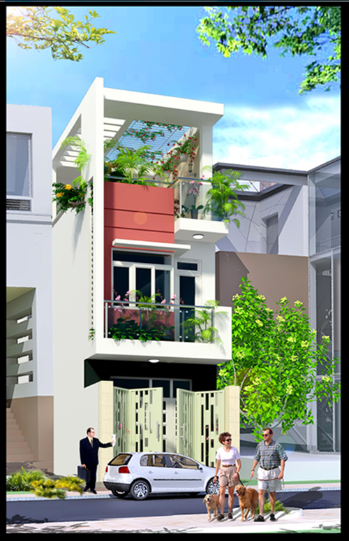 Nhà ống 2 tầng trẻ trung với màu sắc nồng ấm đan xen thảm thực vật xanh tươi. Ảnh: Maunhadepmoi.