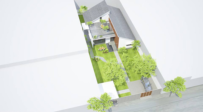 Công trình được thiết kế bởi K+ Architects. Trên diện tích 720m2, kiến trúc sư chọn phương án xây nhà 250m2, còn lại 470m2 dành cho sân vườn.