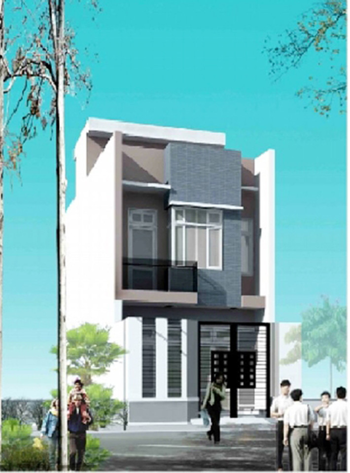 Mẫu nhà 2 tầng xây trên diện tích 4 x 14 = 56m2, gồm 1 phòng khách + 1 phòng bếp và ăn + 3 phòng ngủ. Mặt tiền bố trí theo hình khối vuông đan xen lạ mắt. Ảnh: Thietkenha6789.