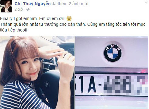 Đầu năm 2015, Chi Pu gây "sốc" cho hàng loạt người hâm mộ khi khoe hình ảnh ngồi trong chiếc xe mới tậu. Với chú thích đơn giản: "Thành quả lớn nhất tự thưởng cho bản thân, cùng em tăng tốc tới mục tiêu tiếp theo". Ảnh: FB Chi Pu.
