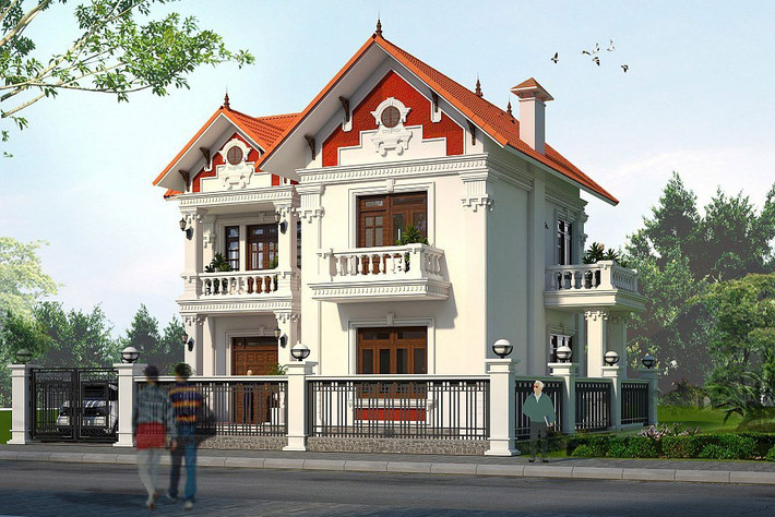 Biệt thự 2 tầng mái thái nổi bật với phối cảnh tươi mới, thiết kế hình khối kiên cố. Từ thiết kế cửa cổng cho đến tường rào, hệ thống kiến trúc đều có sự hòa quyện cùng nhau. Ảnh: Hoadat.