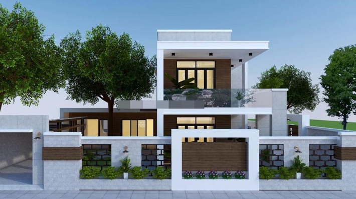 Kiến trúc ngôi nhà được thiết kế hài hòa với cảnh quan. Trang trí gỗ nhân tạo ốp tường mang lại cho không gian tổng thể sự sang trọng. Ảnh: Nhavietxanh.