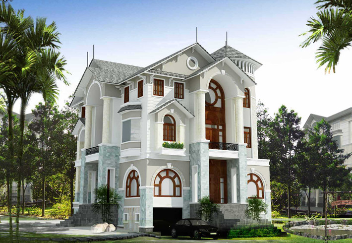 Thiết kế biệt thự 4 tầng ấn tượng với gam màu trắng xám. Vẻ đẹp nguy nga, đồ sộ phù hợp với những gia đình giàu có, quyền quý. Ảnh: Nhabazan.