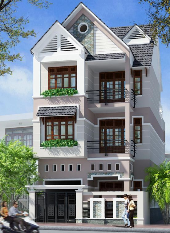 Nhà phố 3 tầng mái thái sử dụng cửa kính gỗ - xu hướng phổ biến nhiều hơn trong những năm tới. Ảnh: Datbinhduong.