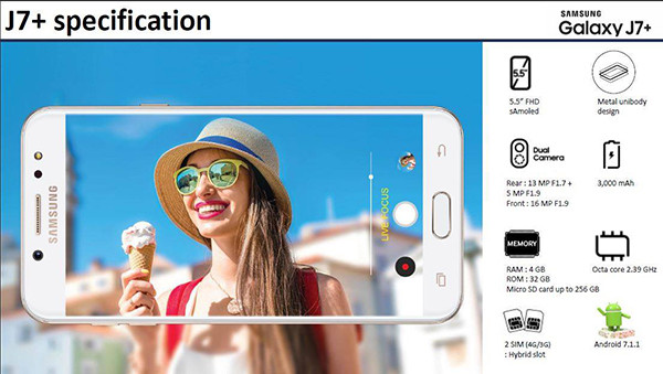 Galaxy J7+ chạy Android 7.0 Nougat, hỗ trợ 2 sim, có bảo mật vân tay và được tích hợp thêm trợ lý ảo Bixby như trên Galaxy S8 và Note 8. Ảnh: The Android Soul.