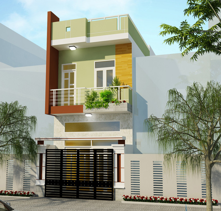 Nhà ống lệch tầng thiết kế giản dị với tầng trệt ốp đá sang trọng. Tầng 2 là nước sơn màu xanh nhạt, kết hợp với gạch ốp màu vàng đẹp mắt. Ảnh: PhanPhan Phan/Linkedin.