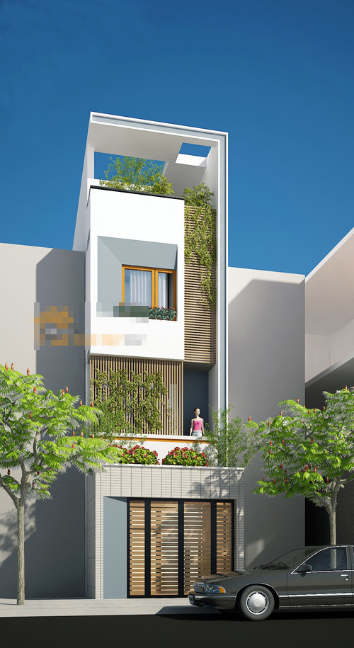 Tầng 1 bao gồm sân trước có trồng cây để làm tiểu cảnh. Sân trước còn là không gian đệm trước khi bước vào nhà, tiếp đến là khu vực để xe máy được ngăn cách với phòng khách bằng 1 vách kính. Ảnh: Nhadep247.