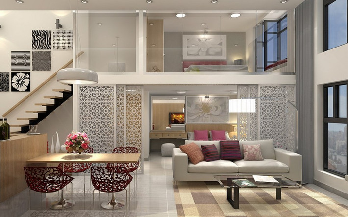 Căn hộ hiện đại hơn nhờ vách ngăn họa tiết. Ảnh: Homedit.