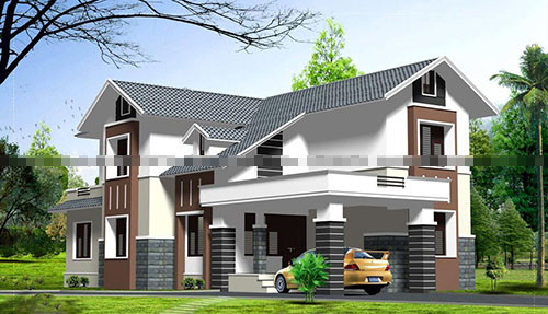 Nhà 2 tầng hình chữ T ấn tượng với thiết kế xéo lợp ngói. Ảnh: Thietkethicongnhadep.