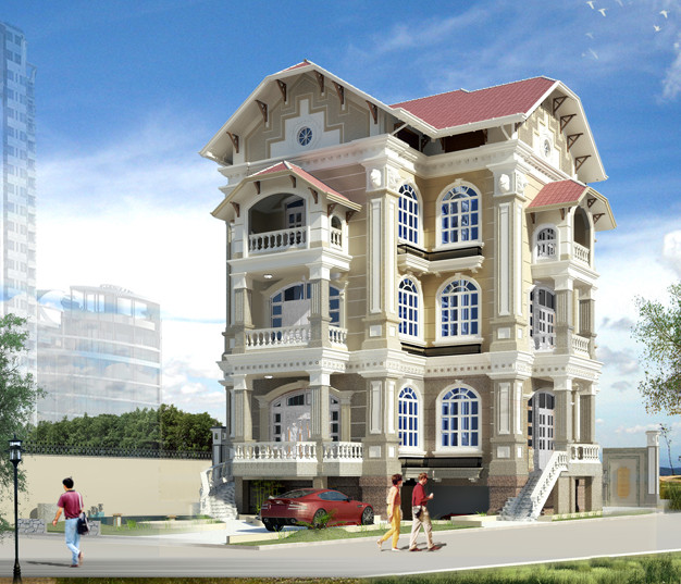 Thiết kế biệt thự 4 tầng, 2 mặt tiền, 1 gara để xe. Ảnh: Kientrucadong.