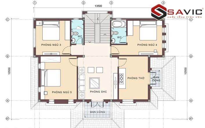 Mặt bằng tầng 2 gồm 1 phòng thờ, 1 phòng sinh hoạt chung, 3 phòng ngủ, 2 WC (1 khép kín). Phòng thờ được tính toán và định vị phù hợp với tuổi và hướng đất của gia chủ. Phòng sinh hoạt chung được bố trí bàn ghế, ti vi…, tạo không gian sum vầy, ấm cúng cho tất cả các thành viên cùng hội họp sau một ngày làm việc căng thẳng.