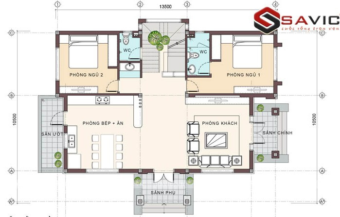 Mặt bằng tầng 1 gồm có 1 phòng khách, 1 phòng bếp + ăn, 2 phòng ngủ, 2 WC (1 khép kín). Nhờ diện tích sử dụng tương đối thoải mái (gần 140m2 sàn tầng 1), các phòng trên mặt bằng tầng 1 được thiết kế rộng rãi. Không gian giao thông trong nhà thuận tiện với các lối đi từ sảnh chính, sảnh phụ và lối dẫn ra sân ướt từ khu vực phòng bếp ăn. Phòng khách và khu vực bếp ăn được bố trí thông suốt với nhau và nằm ở hai phía của sảnh đón giữa nhà, mang đến cảm giác rộng rãi, thông thoáng. Hai phòng ngủ được đặt hai bên cầu thang với cửa sổ mở ra phía ngoài mặt tiền mát mẻ.
